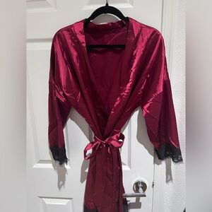 Elegant Burgundy Satin Robe, Bralette & Shorts with Lace Trim